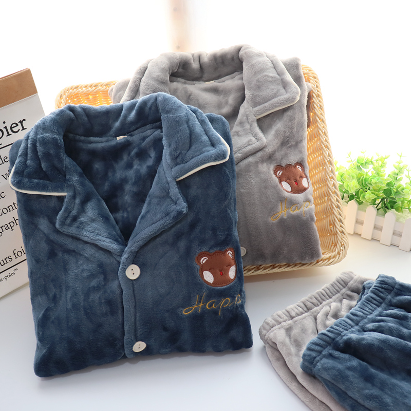 男加绒刺绣熊开衫保暖肥大家居服