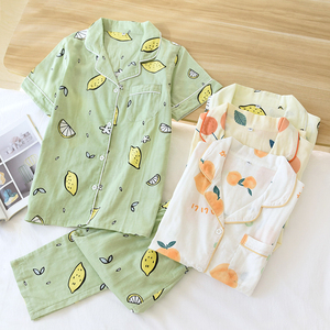 夏季薄款纱布睡衣女短袖长裤全棉双层家居服半袖开衫卡通可爱DC