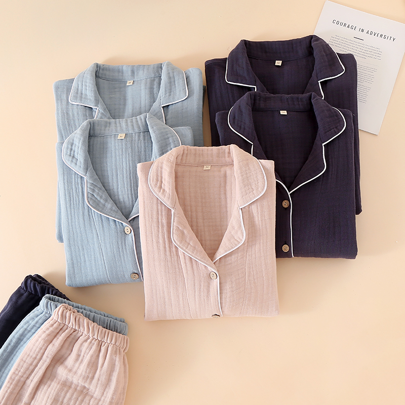 日系情侣春秋纯棉四层纱布睡衣长袖全棉开衫纯色加大码色织泡泡纱