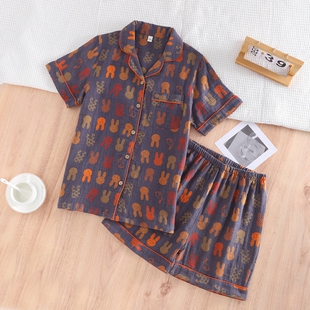 家居裤 短裤 情侣纯棉纱布睡衣翻领男女色织复古小兔短袖 春夏薄款