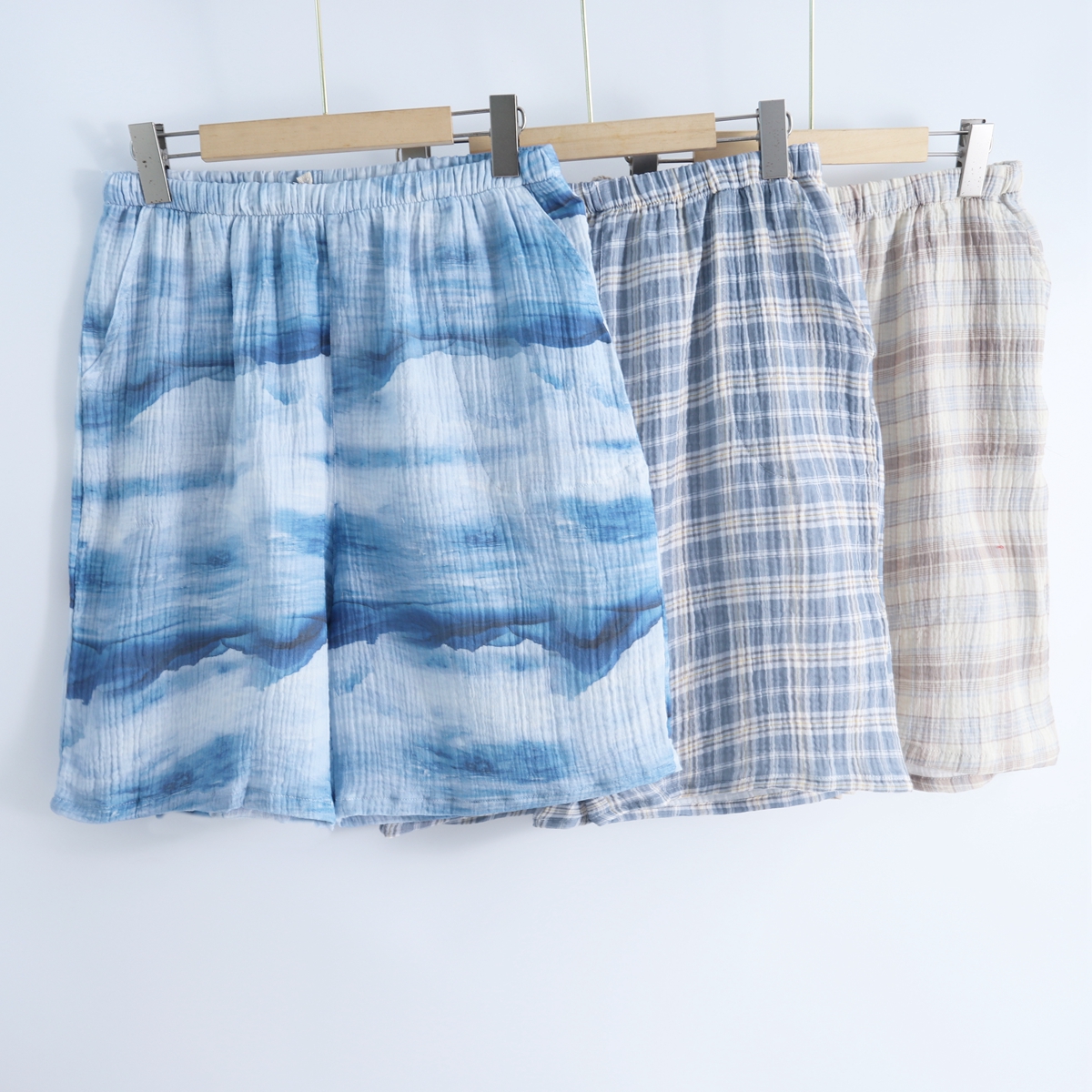 夏季纯棉短裤男五分睡裤大码加肥格子全棉绉布家居裤休闲沙滩热裤