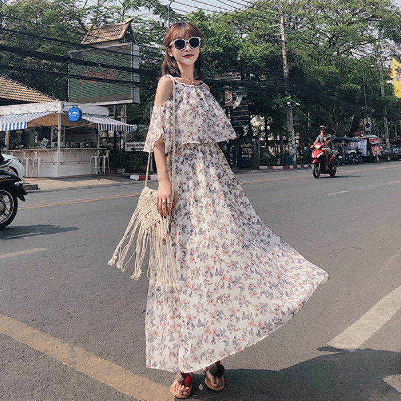 2018新款女装韩版森系小清新露肩吊带雪纺连衣裙长裙及脚踝学生夏