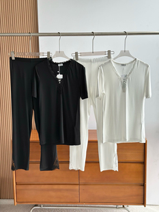 LP新款女士莫代尔面料法式蕾丝亲肤V领短袖九分裤家居服睡衣套装