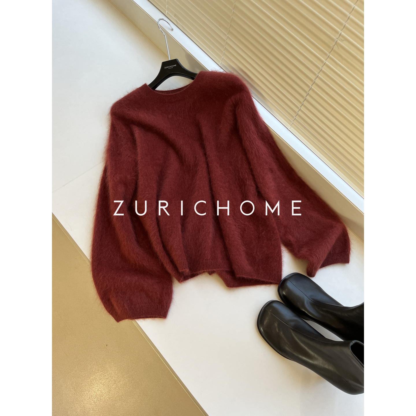 圣诞红新年红色长毛拉绒羊绒毛衣