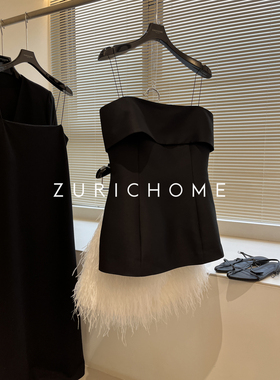 ZURICH HOME 高阶及简重工重料黑色丝羊毛细肩带抹胸吊带背心上衣