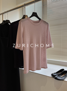ZURICH HOME轻柔裸感舒适 60支精纺羊毛休闲中袖圆领针织羊毛T恤
