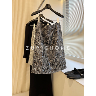 ZURICH HOME 高阶时髦 哑光BLINGBING 叠穿 银色后开叉亮片半身裙