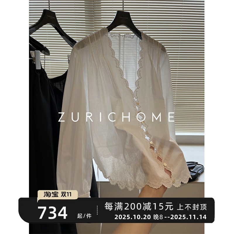 浪慢法风 重工刺绣好工艺 前短后长薄棉白色蕾丝花瓣边法风白衬衫