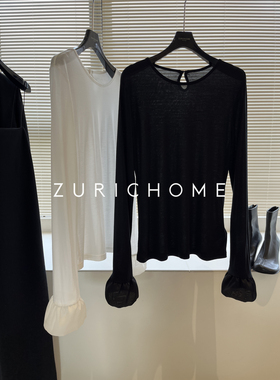 ZURICH HOME俏皮可爱拼欧根纱喇叭袖 层次内搭 轻薄喇叭袖T恤上衣