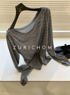 ZURICH HOME 内搭外穿 修身轻薄 一字领灰色条纹针织羊毛T恤上衣