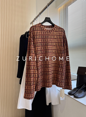 ZURICH HOME 2025秋款 休闲渡假气氛感印花亚麻棉拼色格纹长袖T恤