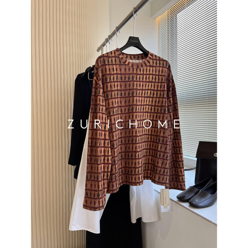 印花休闲亚麻棉拼色格纹长袖T恤