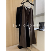 复古 咖棕调 大长腿前拉链开叉设计 孤 显瘦咖色微喇高腰羊毛长裤