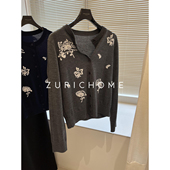 HOME法风浪慢 钉珠花朵修身 显瘦钉珠薄款 ZURICH 针织圆领开衫 外套