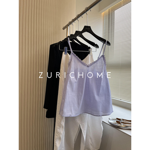 休闲浪慢法风少女 渡假风 温柔丁香紫 波浪边装饰紫色小吊带上衣