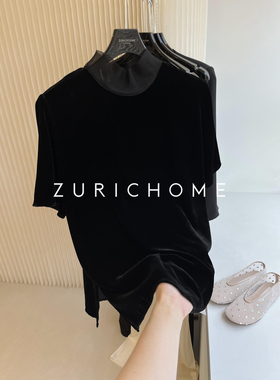 ZURICH HOME 优雅赫夲神秘又气质 雾面高领黑色真丝丝绒短袖上衣