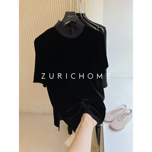 雾面高领黑色真丝丝绒短袖 优雅赫夲神秘又气质 上衣 HOME ZURICH