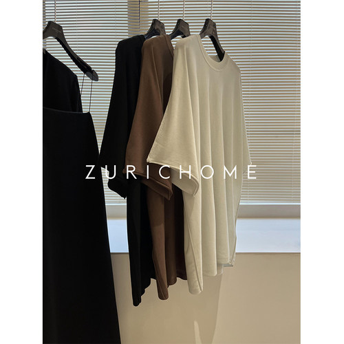 庸懒大廓型中长针织短袖T恤上衣