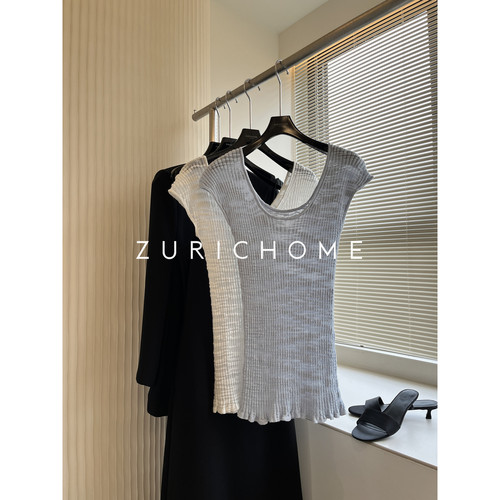 ZURICH HOME 肌理美微透视 前后大U领 弹力修身针织短袖T恤上衣