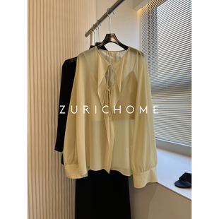 黄色真丝系带衬衫 ZURICH 温柔浪慢荷叶领 春新款 配吊带 HOME