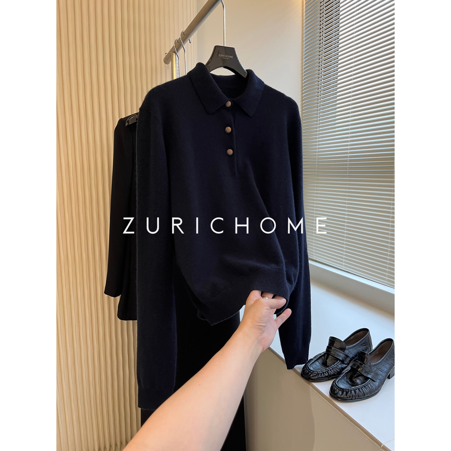 老钱蓝色POLO领羊绒羊毛针织衫