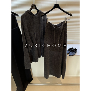 孤ZURICH HOME 洋气灰色亮丝连帽羊绒针织衫 亮丝羊绒针织半裙