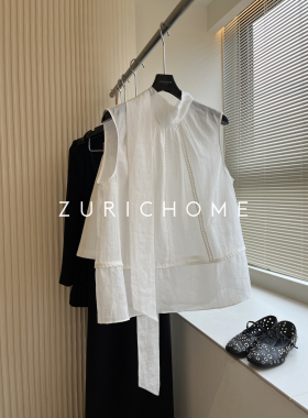 ZURICH HOME 优雅又甜美休闲出游风飘带挂脖白色无袖亚麻刺绣上衣