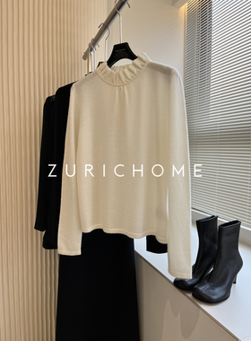 孤ZURICH HOME 法风气质内搭外穿木耳边小立领羊绒针织衫内搭上衣