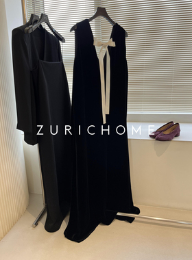 ZURICH HOME 优雅俏皮 后背系带飘带 黑色丝绒宽松无袖连衣裙