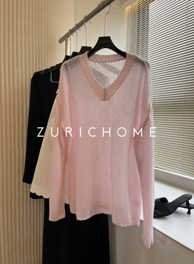 孤ZURICH HOME 舒适 轻薄微透 宽松休闲V领真丝羊绒针织衫上衣