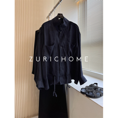 雾面蓝色抽绳收腰夹克铜氨丝套装