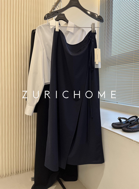 孤ZURICH HOME 简约高及高智感藏蓝色一片式围裹设计精纺羊毛半裙