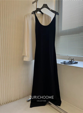 ZURICH HOME 气质法风高及定制针织面料黑色显瘦加长款吊带连衣裙