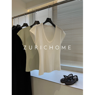 优雅修长颈线大U领针织T恤上衣