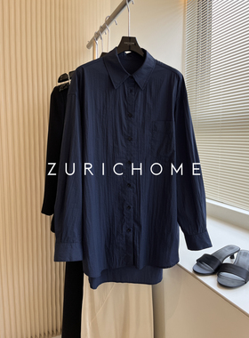 孤ZURICH HOM 普鲁士蓝 庸懒 竖纹肌里 蓝色宽松休闲小尖领衬衫
