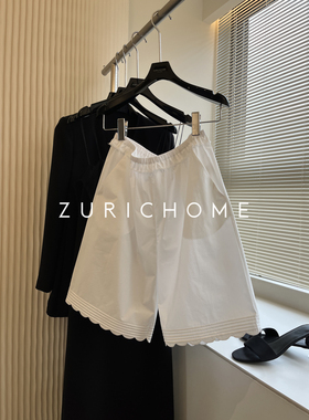 孤ZURICH HOME 法风 休闲减龄 宽松百搭白色棉质波浪摆边五分裤