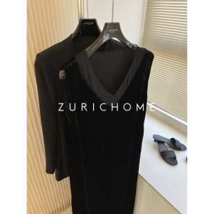 进口丝绒拼欧根纱 优雅天鹅黑 V领丝绒连衣裙背心裙 HOME ZURICH
