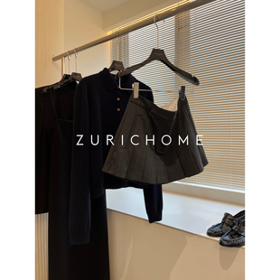 MlU系穿搭百搭灰色 ZURICH 气 青春元 学院羊毛百褶半裙短裙 HOME