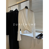 HOME 大气优雅内搭外穿 交叉荡领深V领白色长袖 ZURICH 针织衫 上衣