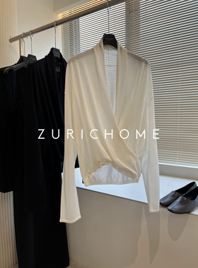 ZURICH HOME 大气优雅内搭外穿 交叉荡领深V领白色长袖针织衫上衣