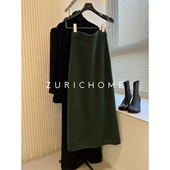 HOME 韵致海苔绿 巧心羊绒 孤ZURICH 绿色长款 羊绒松紧腰针织半裙