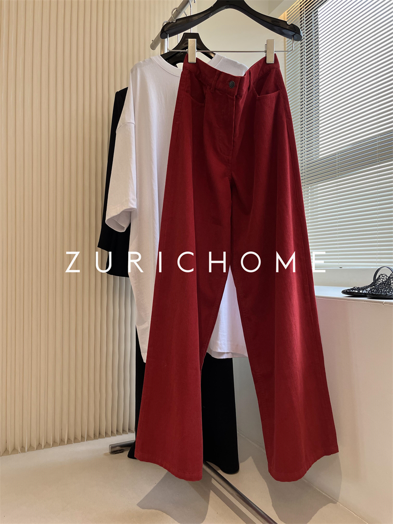 洋气红好版型大气红色牛仔阔腿裤