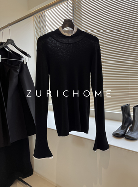 ZURICH HOME 赫夲气质 质感 黑白拼色小立领喇叭袖弹力针织衫上衣