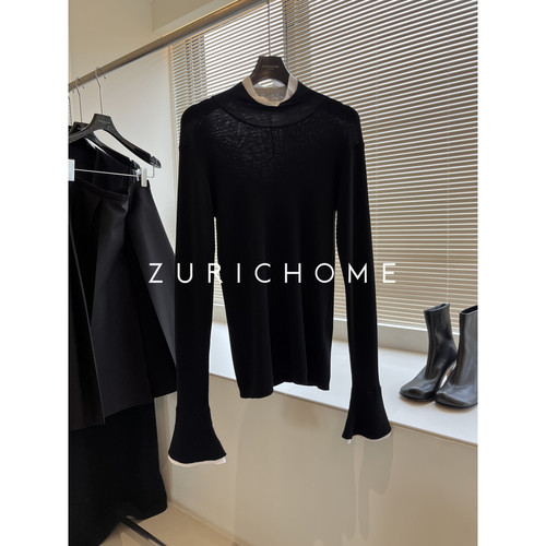 质感小立领喇叭袖弹力针织衫上衣