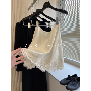 ZURICH HOME 浪慢法风 俏皮A摆小短款 法式拼蕾丝小短款真丝半裙