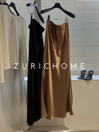 开叉加长款丝滑侧醋酸长款半身裙