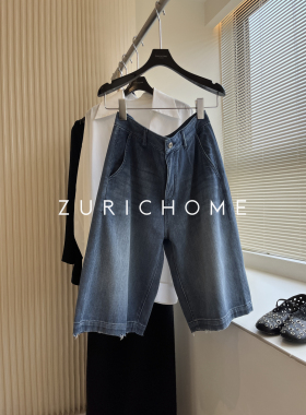 孤ZURICH HOME 软软的好舒服！蓝色宽松休闲牛仔中裤 牛仔五分裤