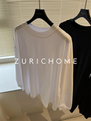 长袖 简约松弛感 宽领白T恤 气质小宽领 落肩卫衣式 收口袖 休闲庸懒