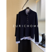 ZURICH 半高领坑条绵羊毛V领针织衫 HOME假两件 洋气双层立领拼色