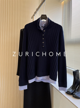 ZURICH HOME假两件 洋气双层立领拼色 半高领坑条绵羊毛V领针织衫